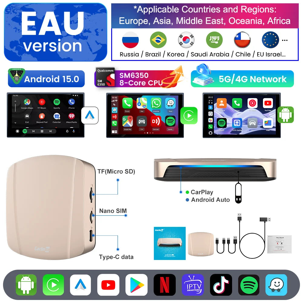 CarlinKit Ultra Box Android 15.0 SM6350 Tv Box CarPlay Wireless Android Auto Wireless Adapter Support Youtube Netfilx IPTV GNSS