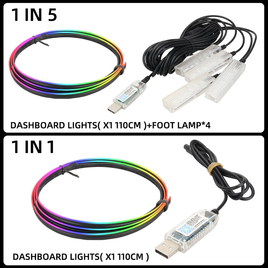 Full Colors USB Car LED Ambient Light Acrylic Strips Dashboard Lights RGB Car Interior Hidden App Remote Control Atmosphere Lamp