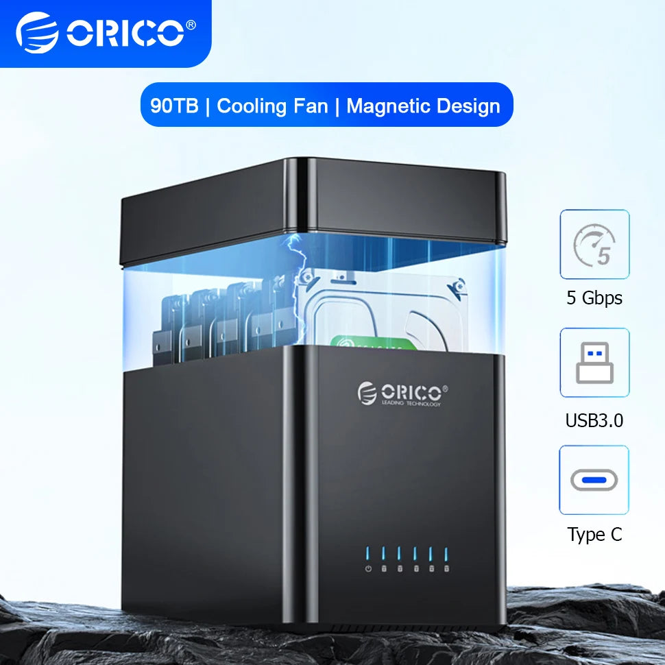 ORICO 5 Bay 3.5" SATA Hard Drive Enclosure HDD Docking Station USB 3.0 Type C External HD Case 90TB Storage Expansion 12V/6.5A