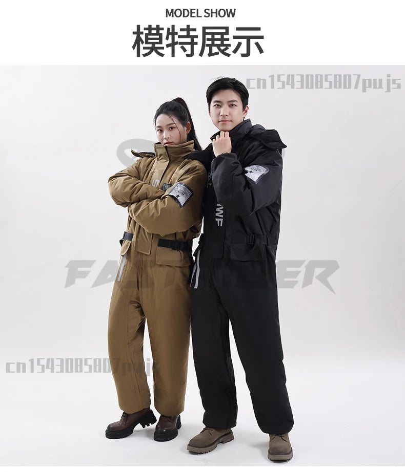Winter Waterproof Windproof Ski Suit Thick Fleece Jumpsuit for Men Women, Cold Resistant Motorcycle Riding Suit