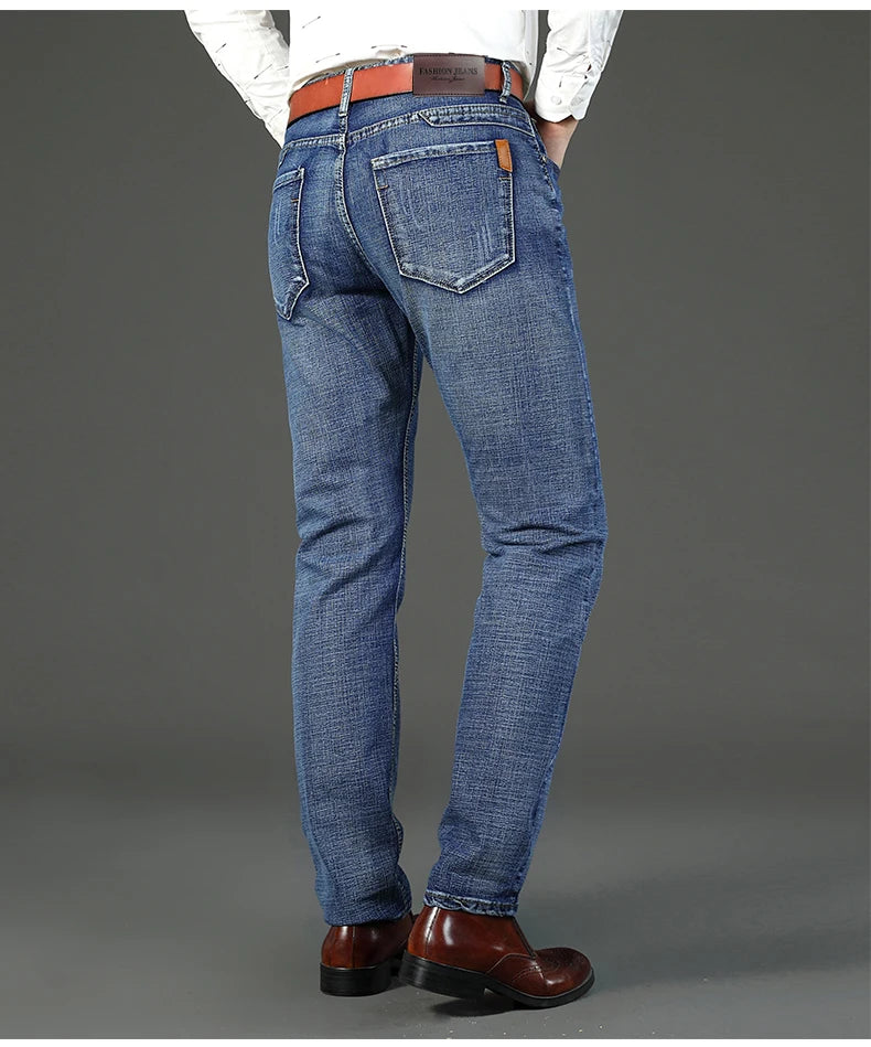 2026 New Spring Autumn Men Classic Jeans Business Fashion Straight Regular Blue Stretch Denim Trousers Men's Smart Jeans