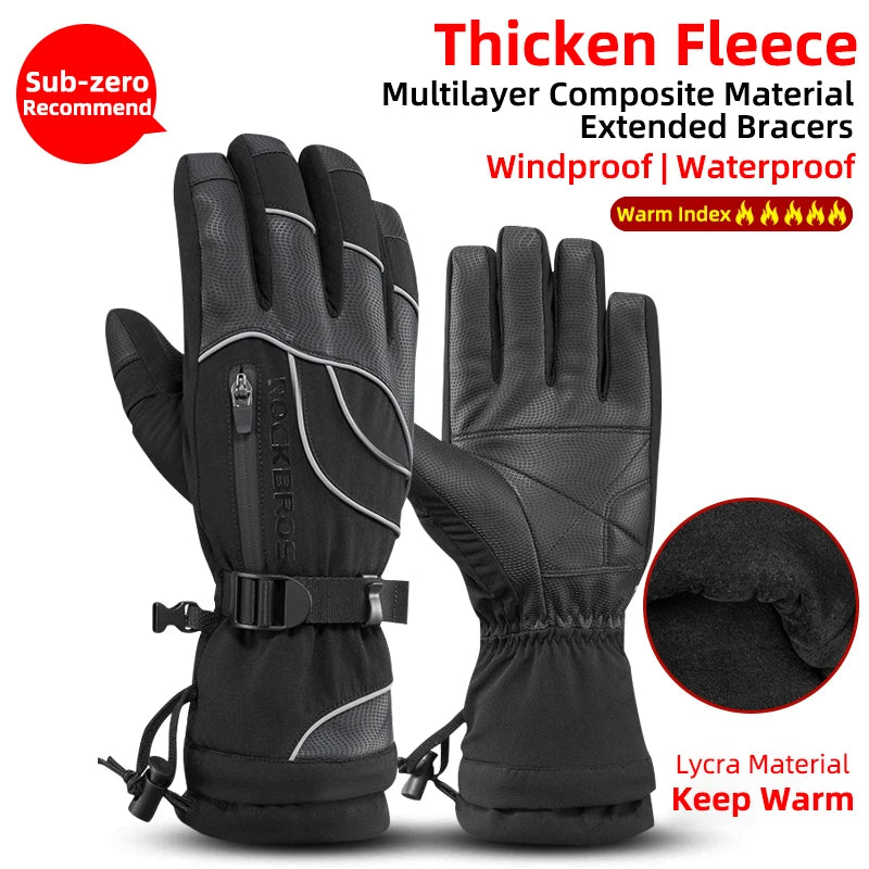 ROCKBROS Winter Gloves Motorcycle Waterproof Fleece Thermal Gloves Snowboard Snowmobile Gloves Men Women Snow Cycling Gloves