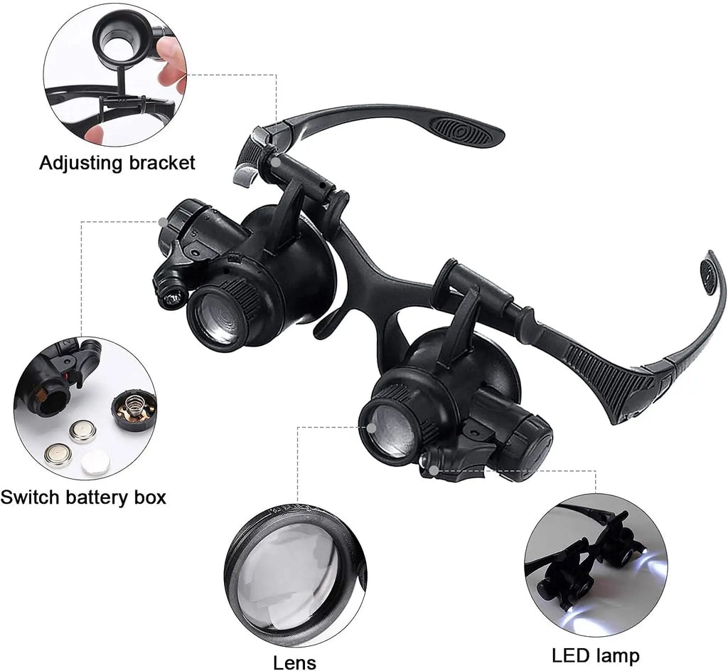 Head Mounted Magnifier With LED Light Magnifying Glass 2.5/4/6/8/10/15/20/25x Len For Close Work Electronic Jewelry Watch Repair