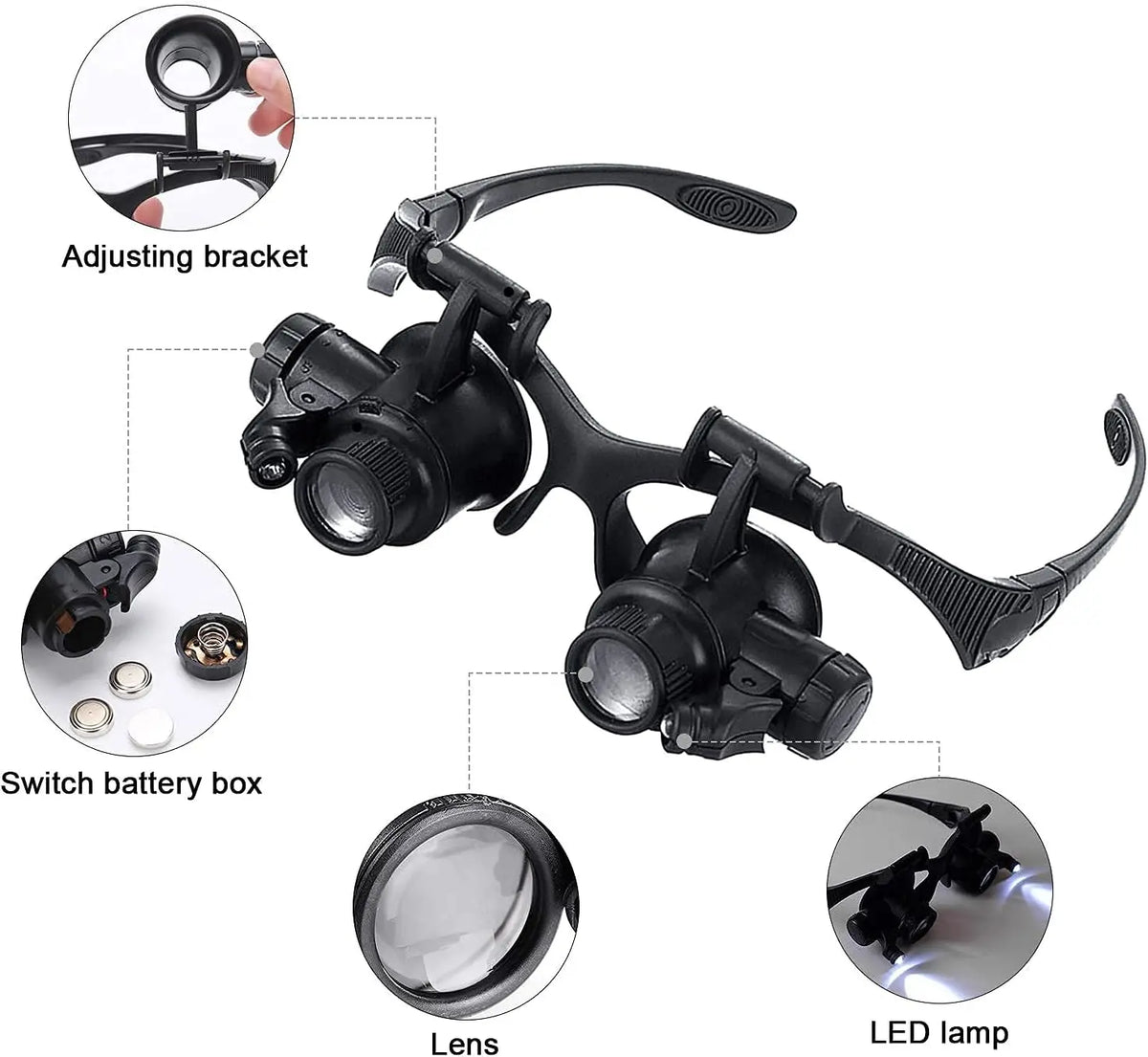 Head Mounted Magnifier With LED Light Magnifying Glass 2.5/4/6/8/10/15/20/25x Len For Close Work Electronic Jewelry Watch Repair