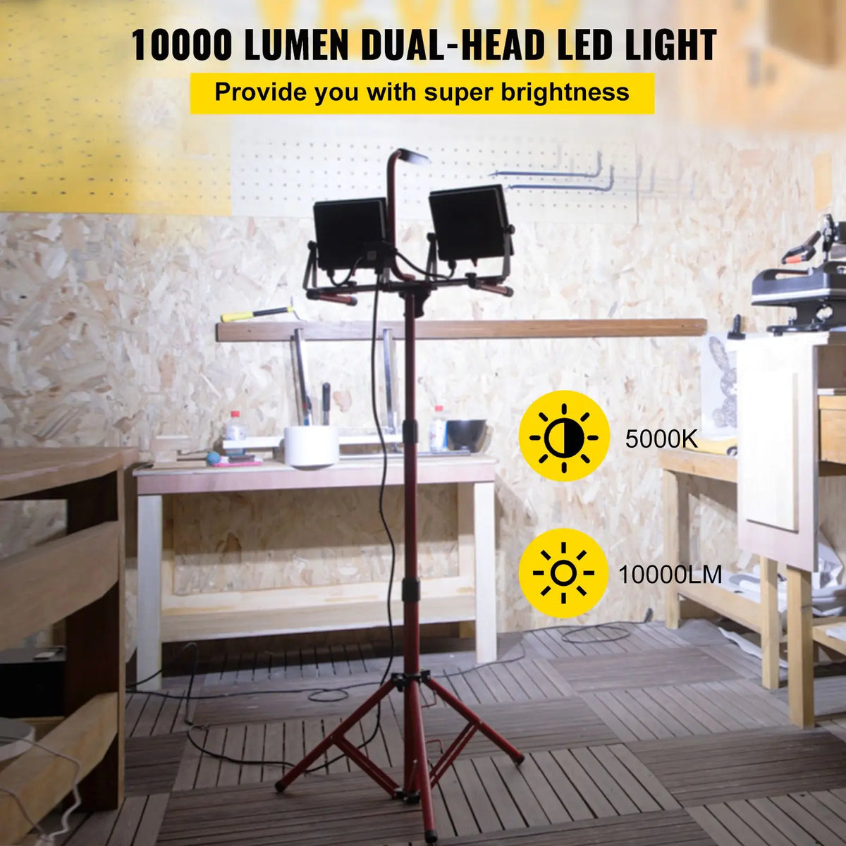 Dual Head LED Work Light with Stand 10000 Lumen 27.6\" 68.1\" Adjustable Foldable Tripod for Workshop IP65 Waterproof