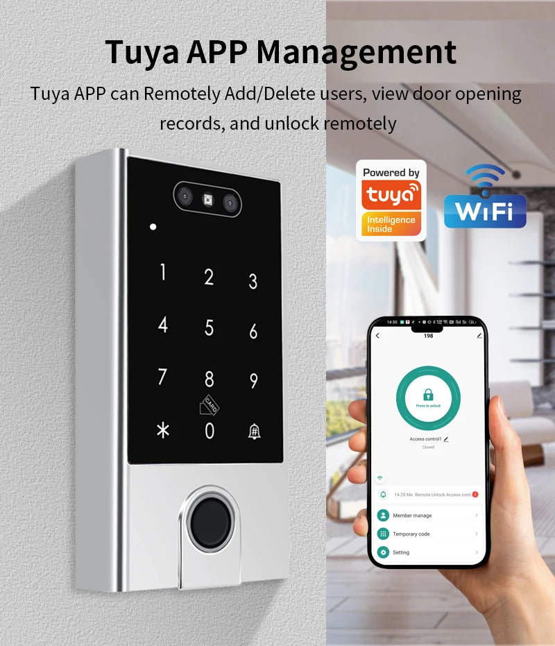 WIFI Face Wiegand 26-34 Recognition Fingerprint 125KHZ/13.56MHZ RFID Access Control Machine Card Reader Work With Tuya APP