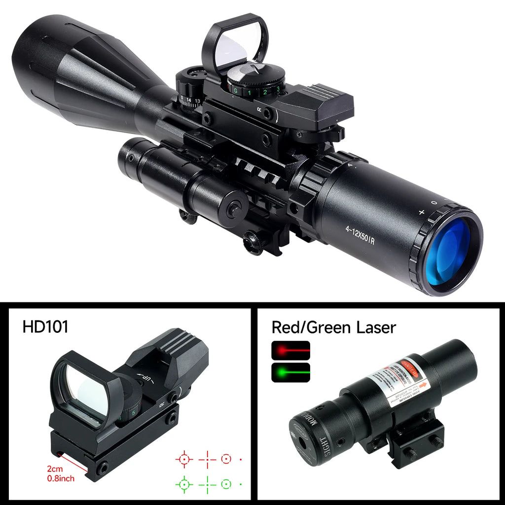 4-12X50ir Scope Red Green Two Color Illumination with HD101 HD103 4 Points Reticle Red Dot Optics Sight Hunting Combo