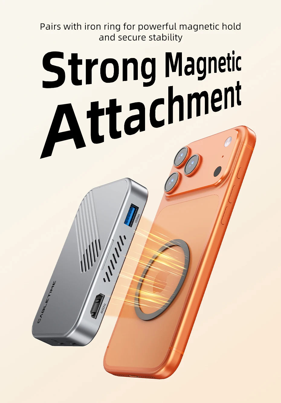 CABLETIME USB C HUB  7 IN 1 with NVMe SSD Magnetic 4K ProRes Video Recording SD/TF 3.0 Strong Magnetic Attachment for iPhone 17