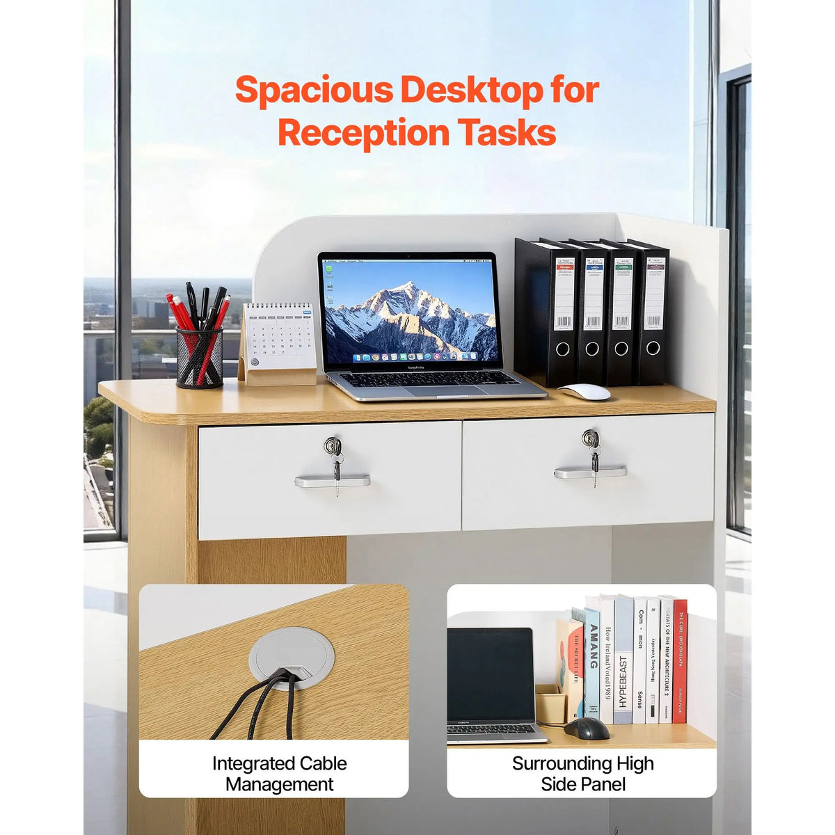 Modern Office Reception Desk 31.5 Inch Rectangular Front Counter Table with LED Light & 2 Drawers for Beauty Salons