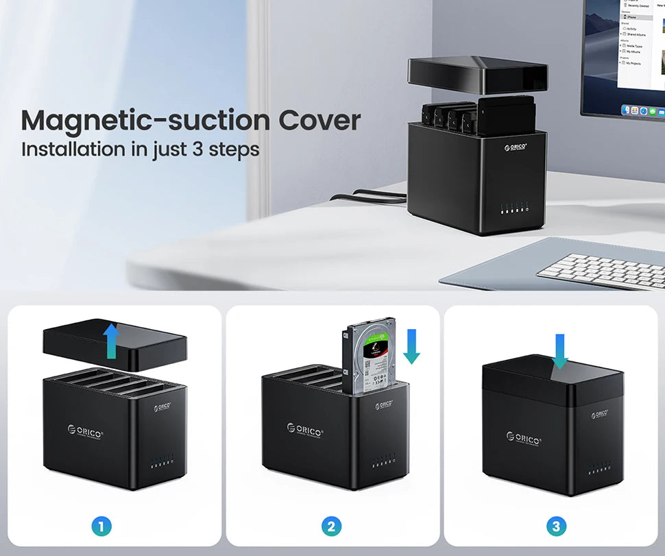 ORICO 5 Bay 3.5" SATA Hard Drive Enclosure HDD Docking Station USB 3.0 Type C External HD Case 90TB Storage Expansion 12V/6.5A