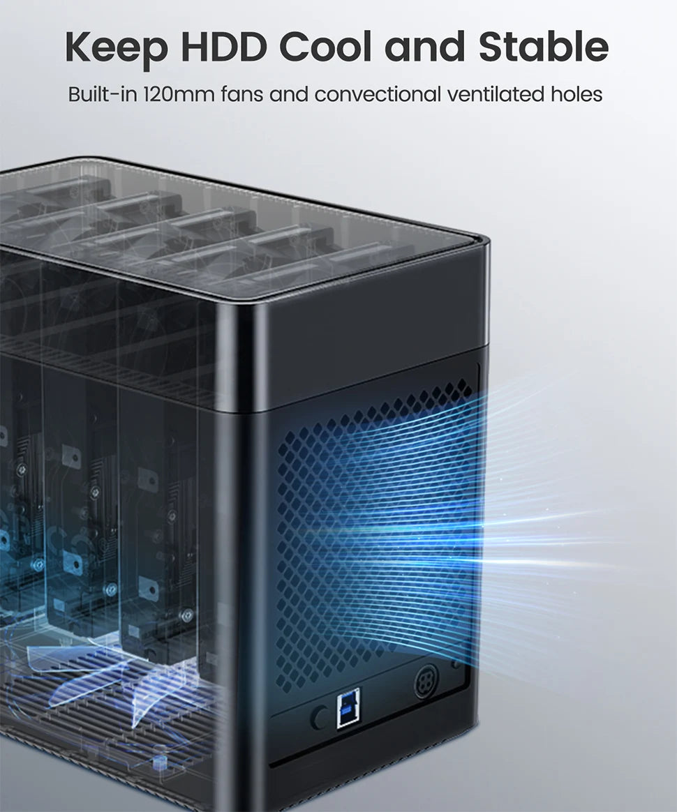ORICO 5 Bay 3.5" SATA Hard Drive Enclosure HDD Docking Station USB 3.0 Type C External HD Case 90TB Storage Expansion 12V/6.5A