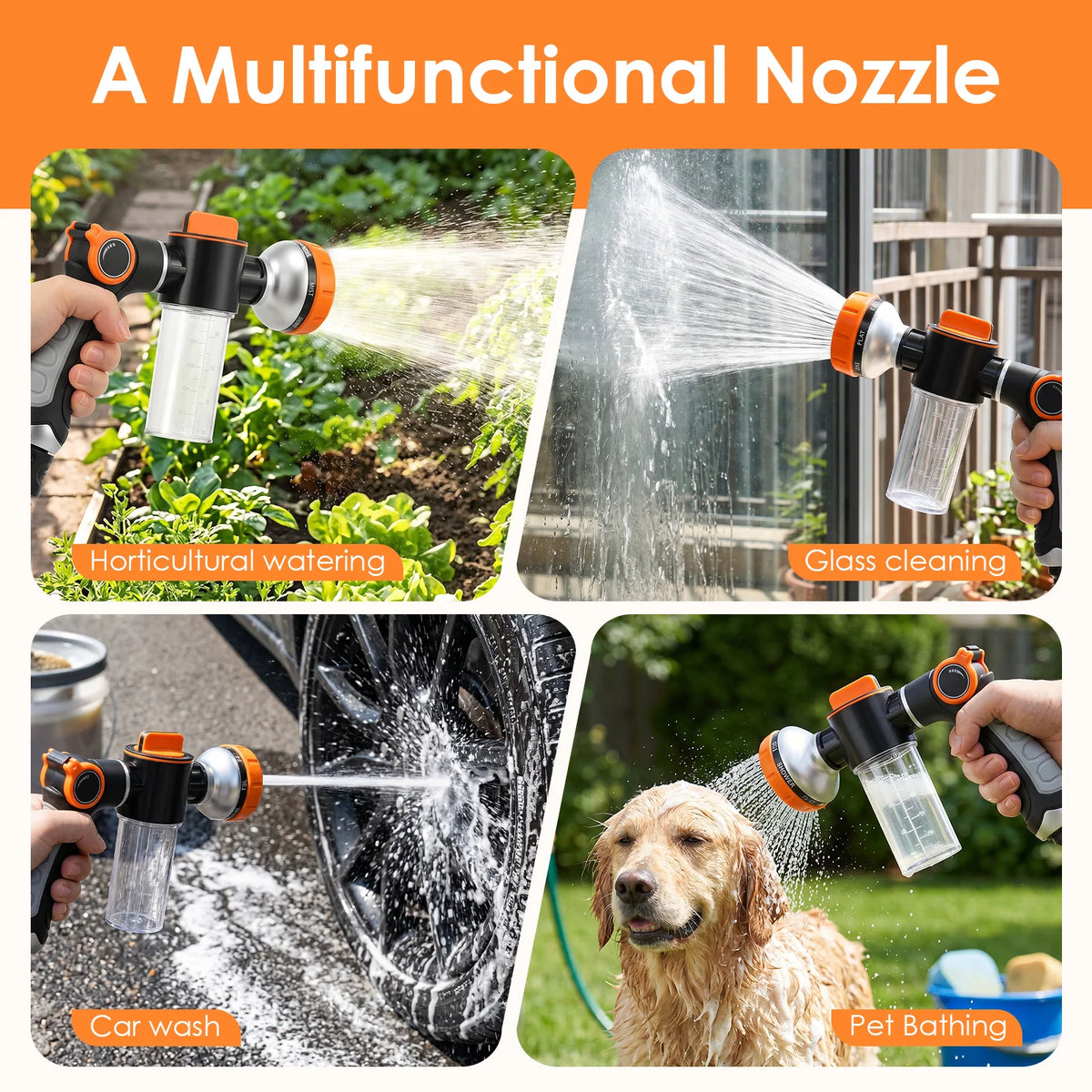 Dog Wash Hose Attachment 8 Pattern Spray Nozzle Thumb Control Pet Shower Sprayer Foam Soap Dispenser For Yard Car Washing