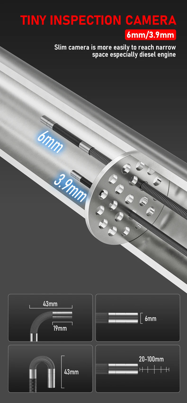 5Inch Borescope, Two-Way Rotary 360° Industrial 3.9mm Camera for Automotive Repair, Plumbing Inspection