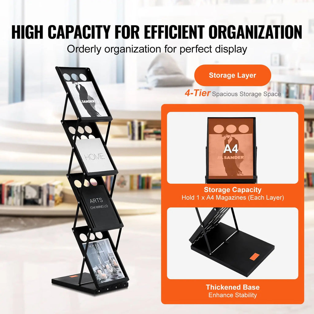Portable 4-Tier Foldable Magazine Display Rack Bedroom-Suitable Catalog Brochure Literature Stand with Carry Feature