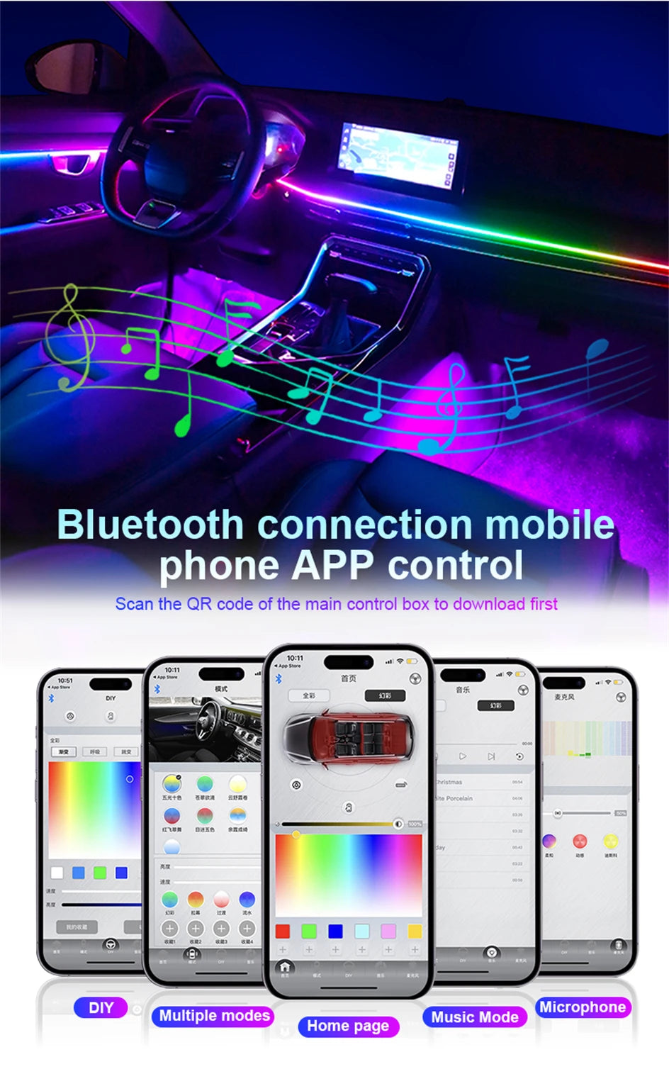 Newest Car LED Dual Zone Hidden Ambient Light Smoke Matt Black Acrylic Strip Symphony Interior Decoration Atmosphere Light Kits