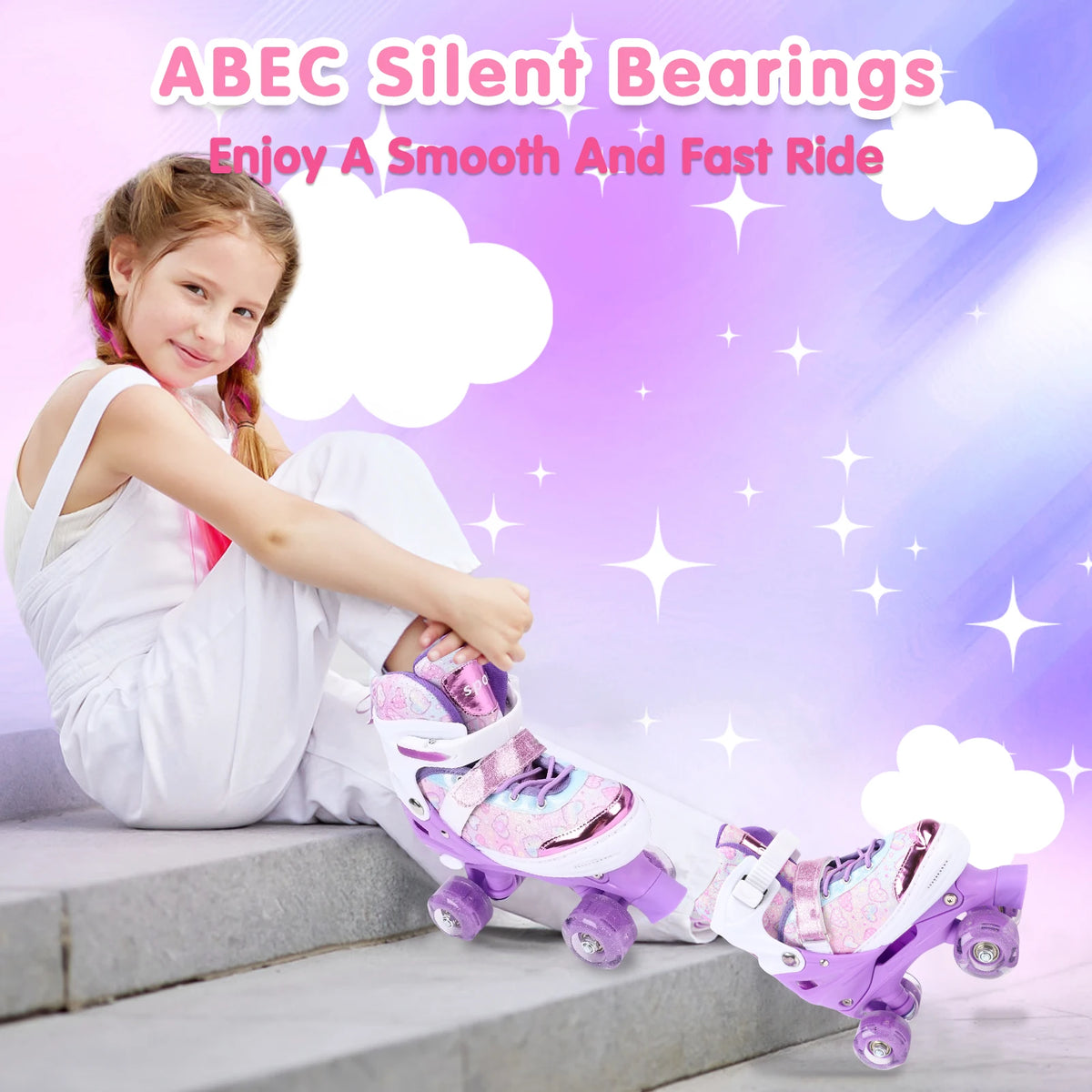 Tomshoo Roller Skates for Kids Girls Ages 6-12 4Size Adjustable Flashing Wheel ABEC Bearing Triple Protection for Outdoor Indoor