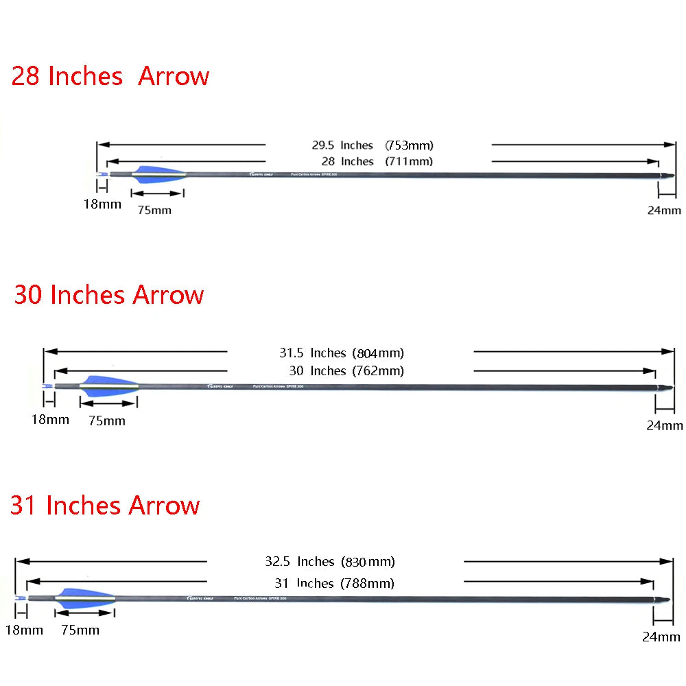 Archery Pure Carbon Arrow Spine 300 400 28/29/30 Inch ID6.2mm Compound Traditional Bow Accessories Outdoor Hunting