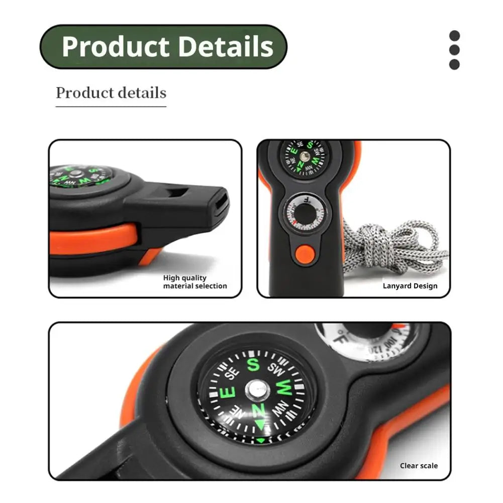 7in1 Emergency Survival Function Whistle Outdoor Multifunctional Survival Whistle with Lanyard Compass Flashlight Camping Hike ﻿