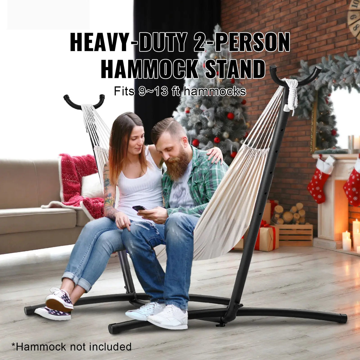 Portable Steel Hammock Stand 450lbs Capacity 2-Person Heavy Duty Adjustable Hooks Fabric Hammock Frame Fits 9.5-12 Inch Beds