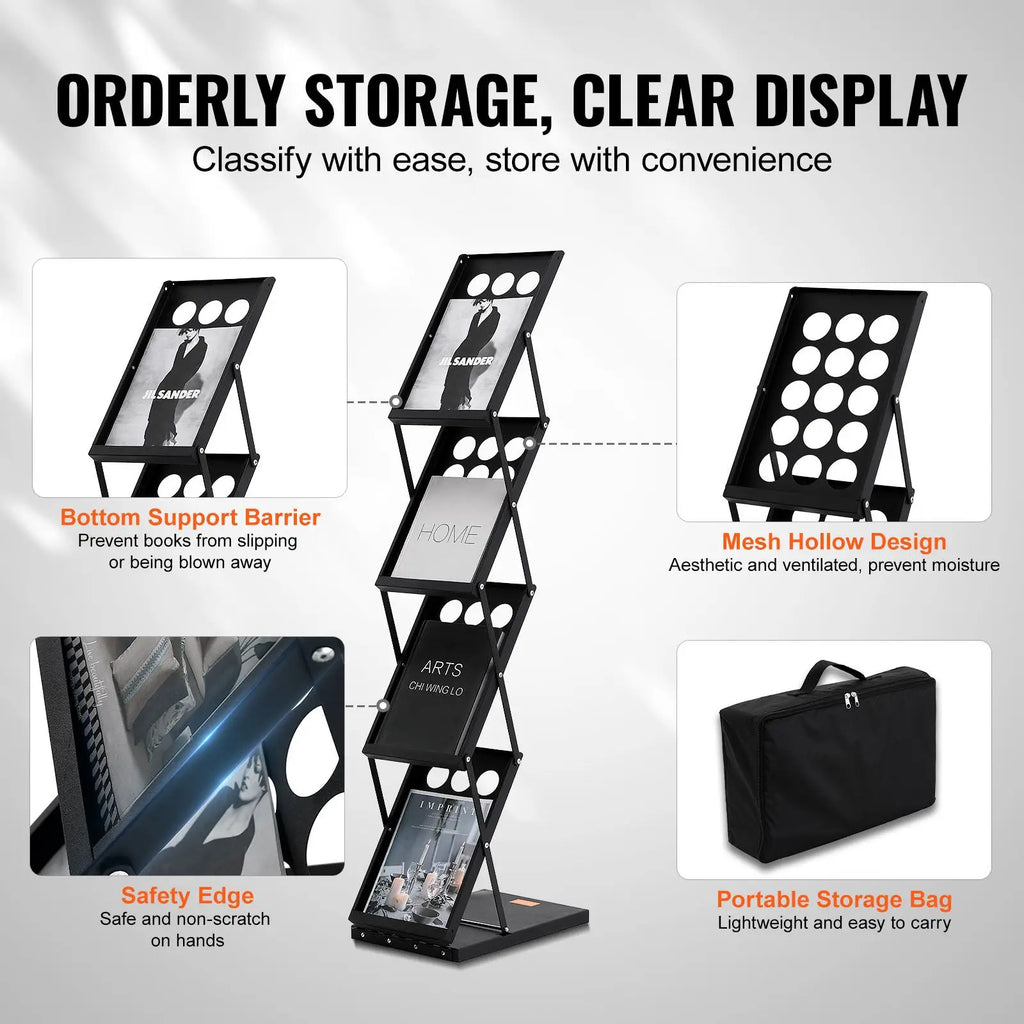 Portable 4-Tier Foldable Magazine Display Rack Bedroom-Suitable Catalog Brochure Literature Stand with Carry Feature