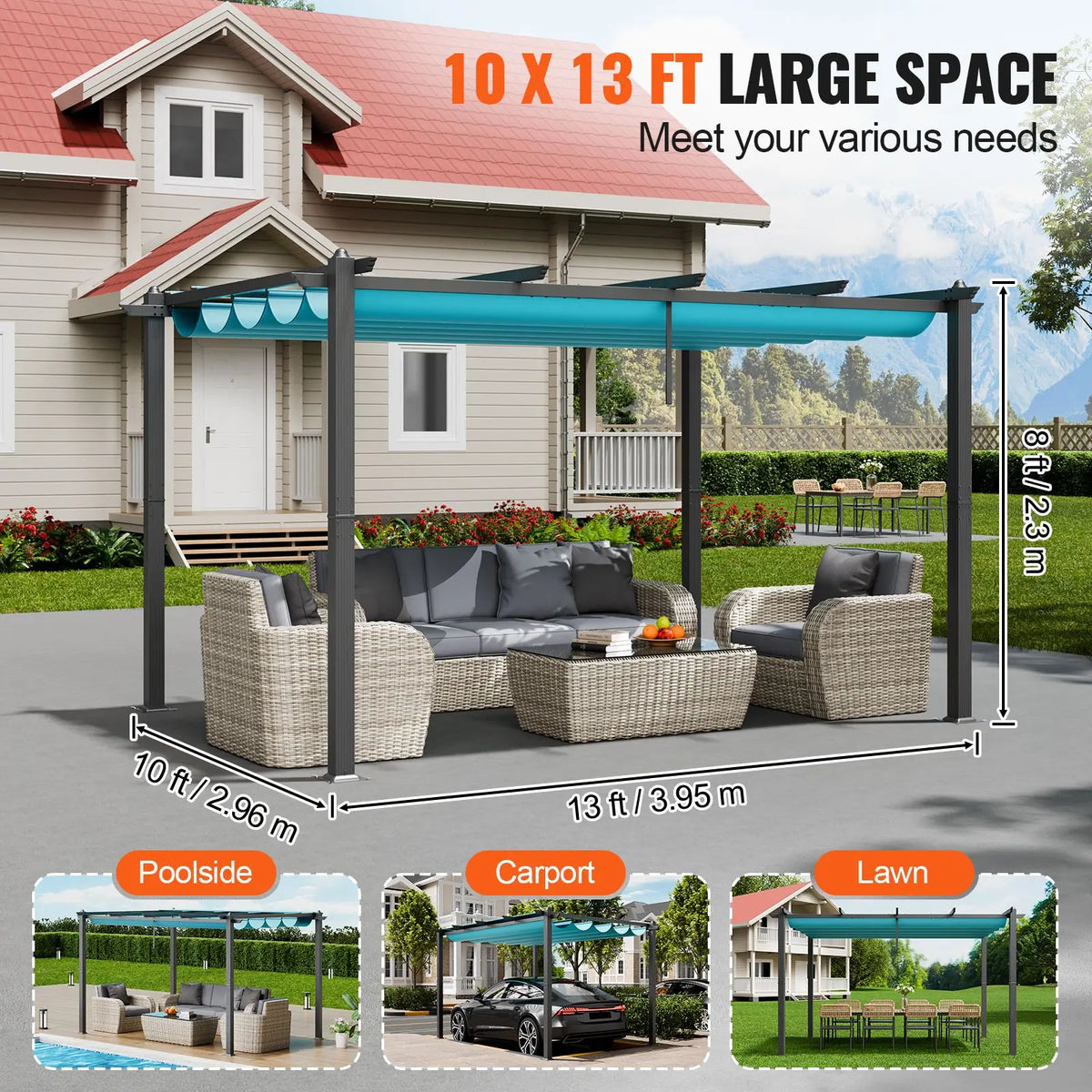 10FT X 13FT Modern Outdoor Retractable Pergola with Aluminum Canopy Sun Shade for Courtyard