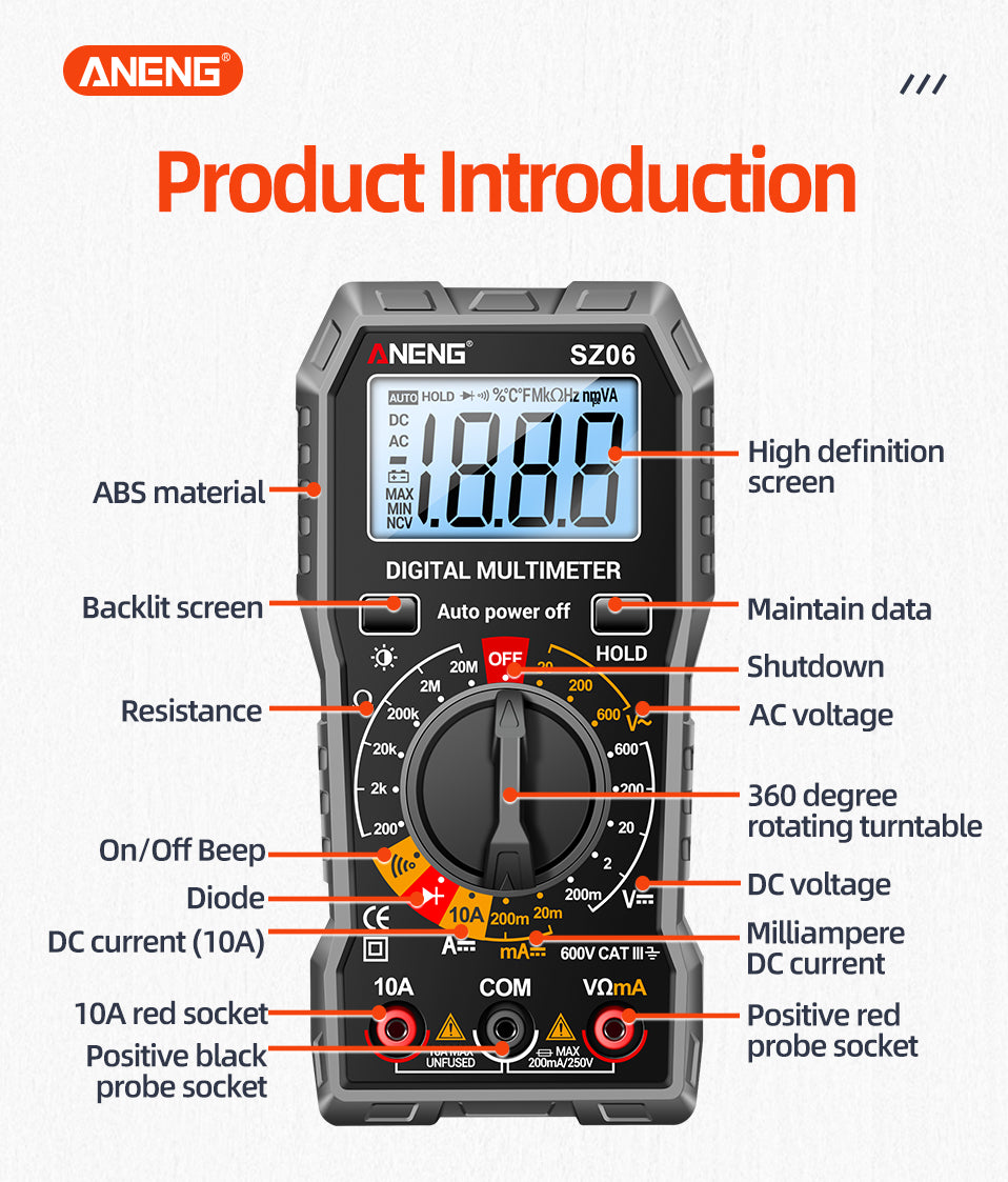 Digital Multimeter ANENG SZ06 AC/DC Ammeter 1999 Counts Multitester 600V Voltmeter Multimetr Voltage Resistance Meter Diode Tool