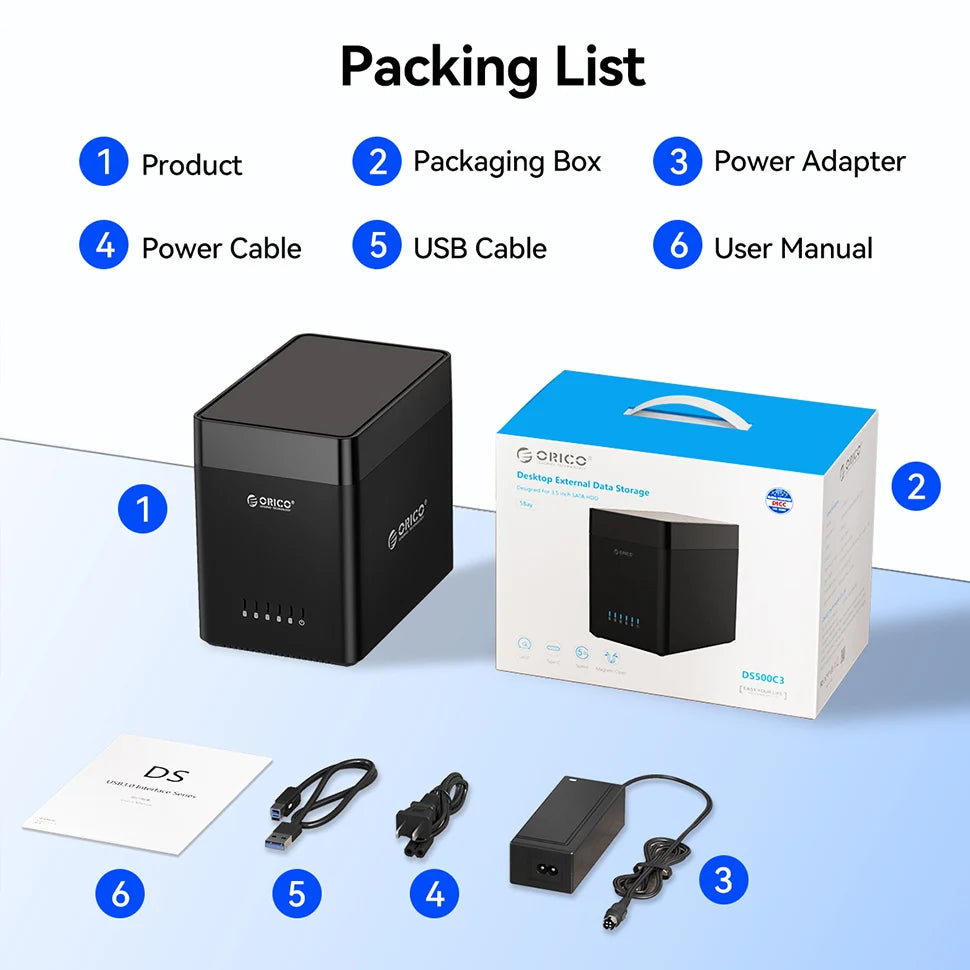 ORICO 5 Bay 3.5" SATA Hard Drive Enclosure HDD Docking Station USB 3.0 Type C External HD Case 90TB Storage Expansion 12V/6.5A