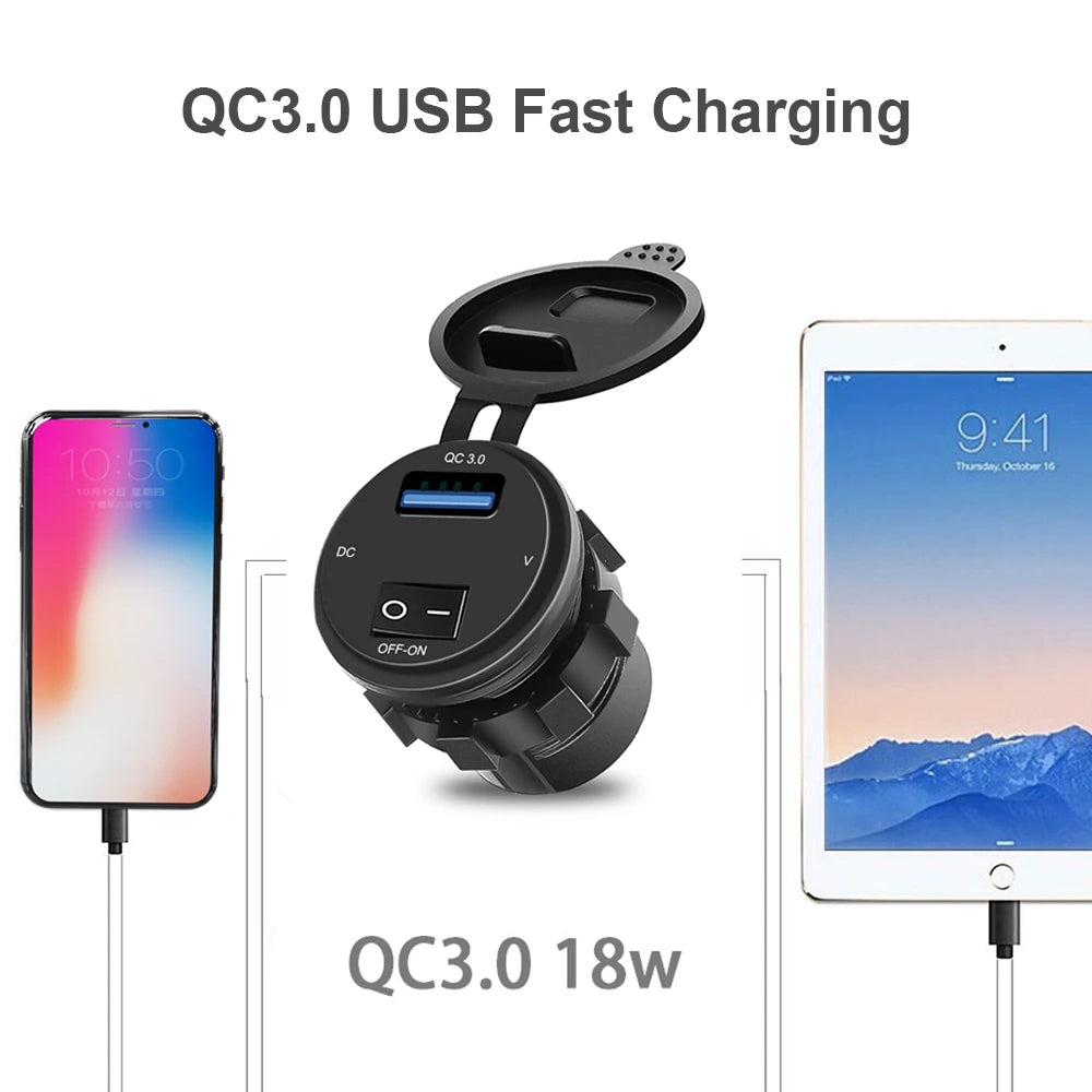 Fast Charger QC3.0 USB Charging Socket for 12V 24V Car USB Outlet Waterproof Charger Socket with Voltage Display Voltmeter