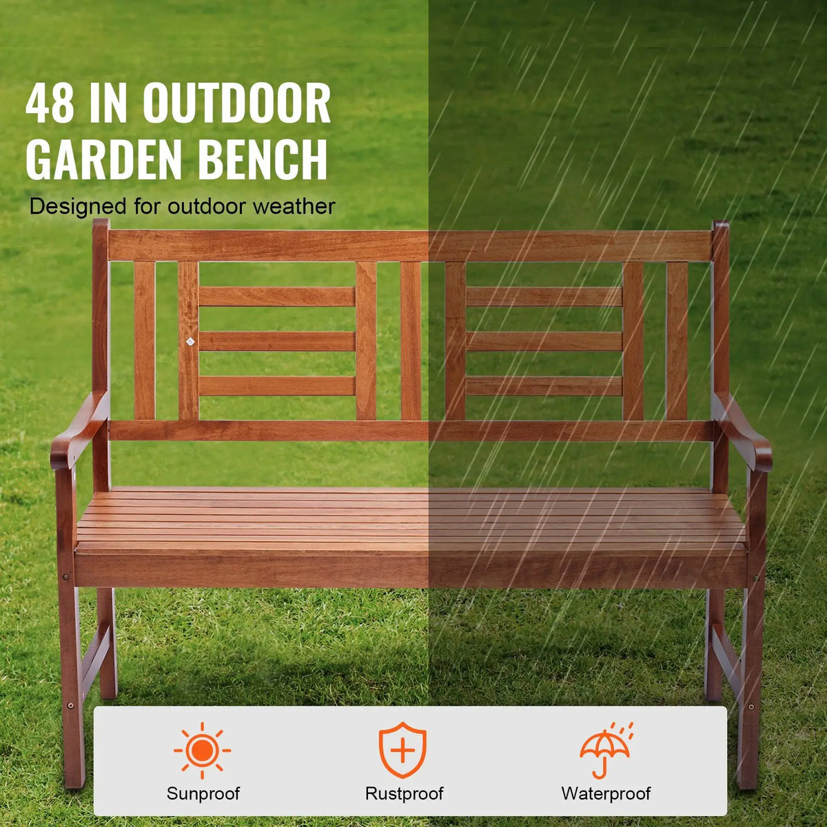 48-Inch Outdoor Steel Bench with Backrest and Armrests 700 Lbs Load Capacity for Gardens Parks Malls