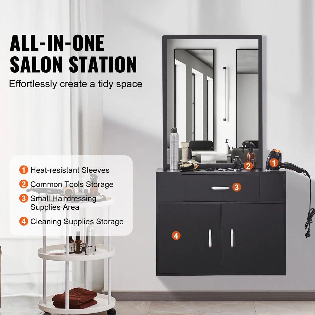 Wall Hanging Salon Organizer for Hairdressers Durable 3-Holders Mirror with Dual Door Storage and Single Drawer for Mall Use