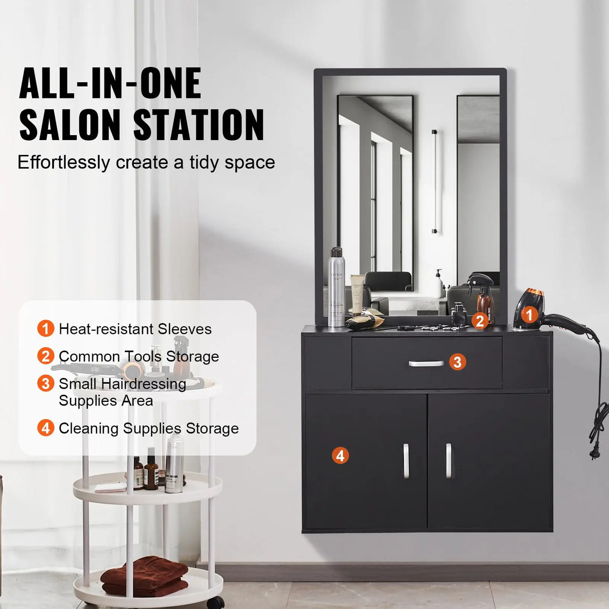 Wall Hanging Salon Organizer for Hairdressers Durable 3-Holders Mirror with Dual Door Storage and Single Drawer for Mall Use