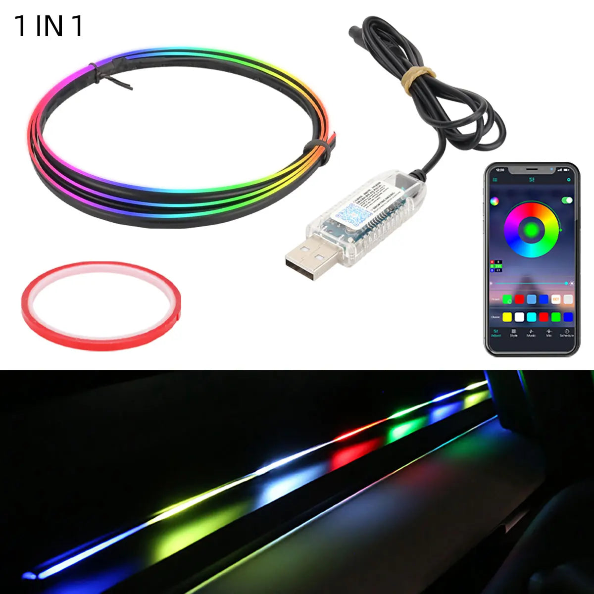 Full Colors USB Car LED Ambient Light Acrylic Strips Dashboard Lights RGB Car Interior Hidden App Remote Control Atmosphere Lamp