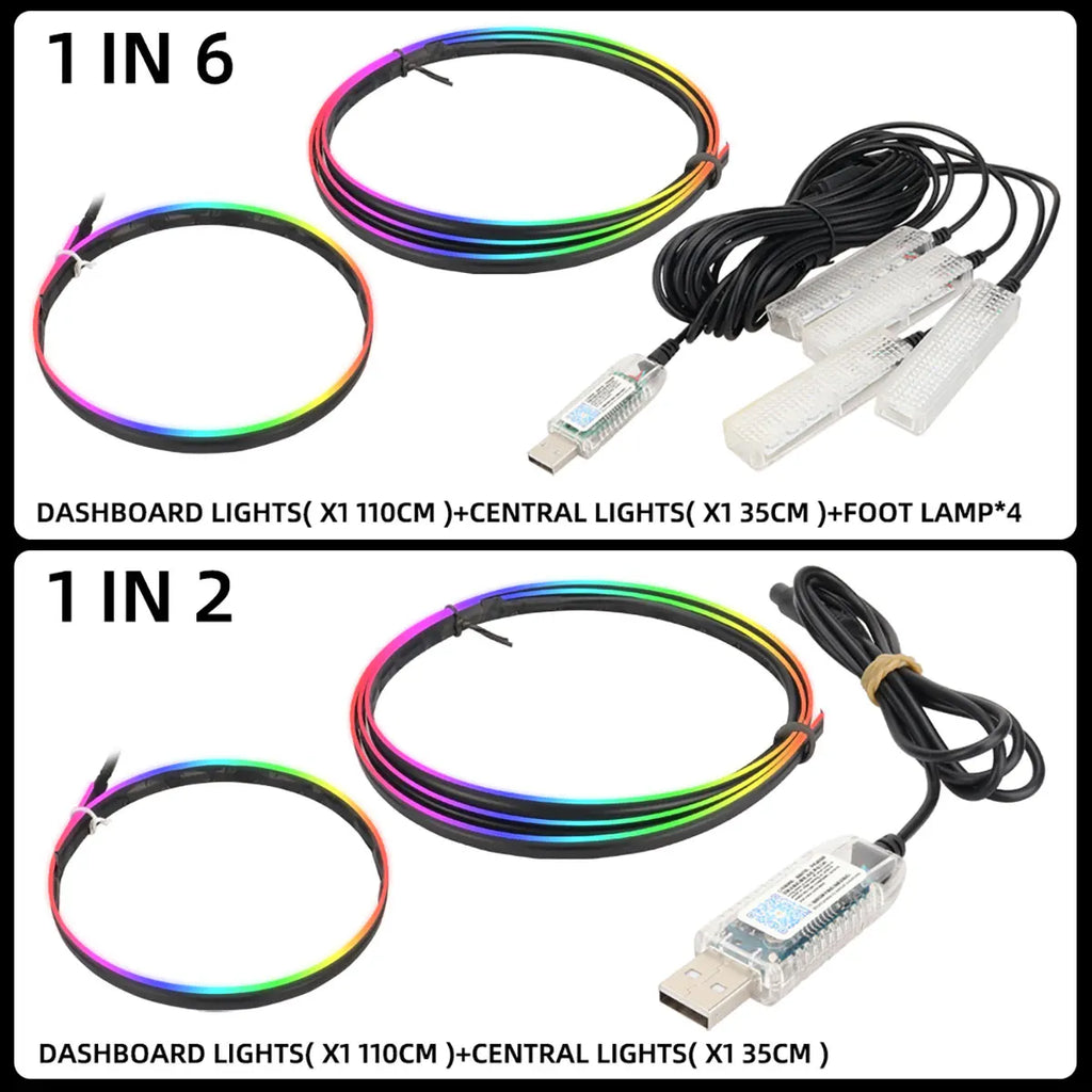 Full Colors USB Car LED Ambient Light Acrylic Strips Dashboard Lights RGB Car Interior Hidden App Remote Control Atmosphere Lamp