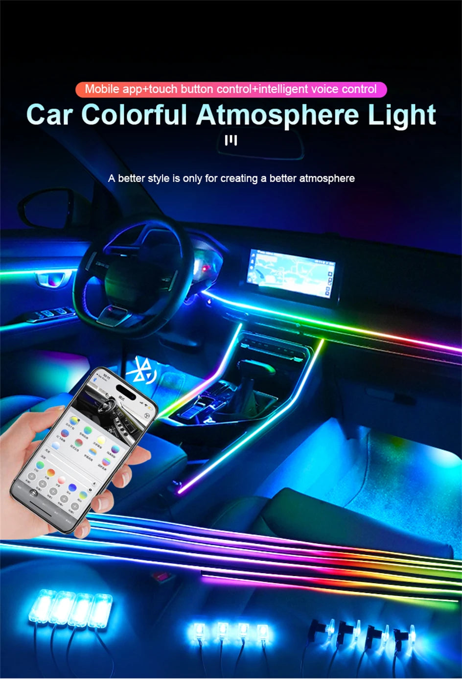 Newest Car LED Dual Zone Hidden Ambient Light Smoke Matt Black Acrylic Strip Symphony Interior Decoration Atmosphere Light Kits