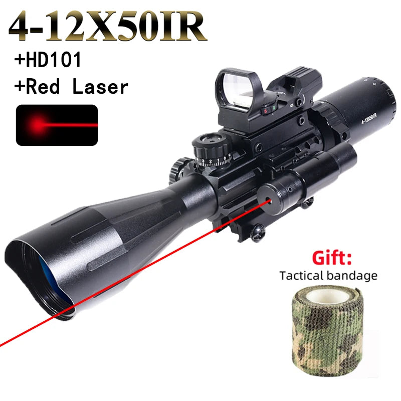 4-12X50ir Scope Red Green Two Color Illumination with HD101 HD103 4 Points Reticle Red Dot Optics Sight Hunting Combo