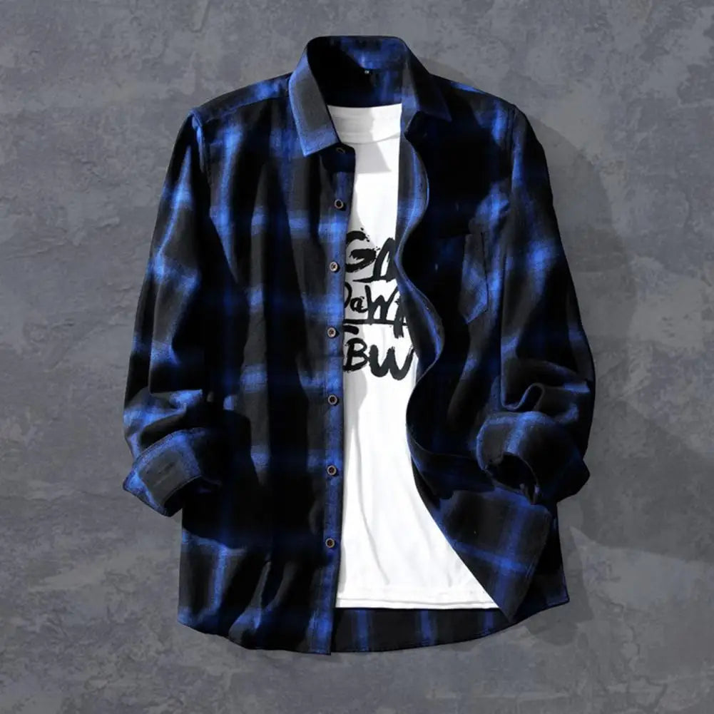 Check Shirts Men Plaid Shirt Coat Lapel Single-breasted Autumn Shirt Jacket Oversized Shirts Chic Male Casual Long Sleeves Shirt