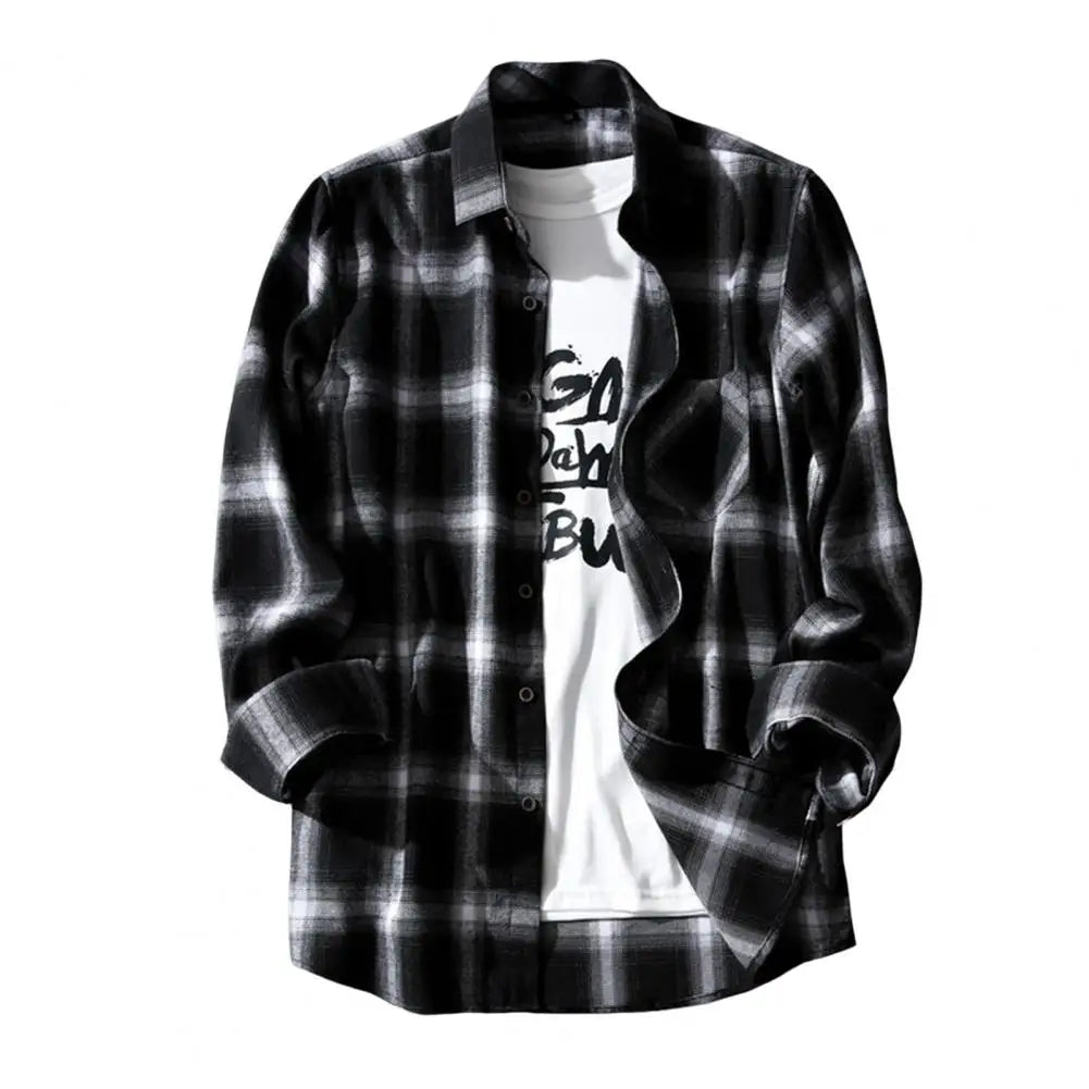 Check Shirts Men Plaid Shirt Coat Lapel Single-breasted Autumn Shirt Jacket Oversized Shirts Chic Male Casual Long Sleeves Shirt