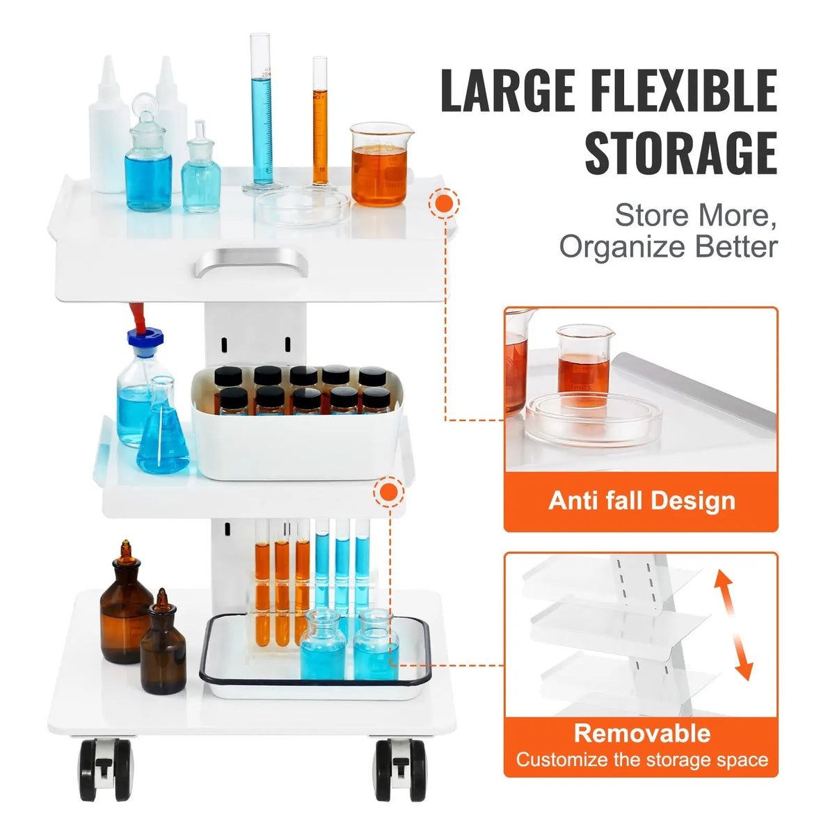 "3-Layer Metal Mobile Rolling Lab Cart with Swivel Wheels & Tray 220 Lbs Weight Capacity for Clinics & Labs"