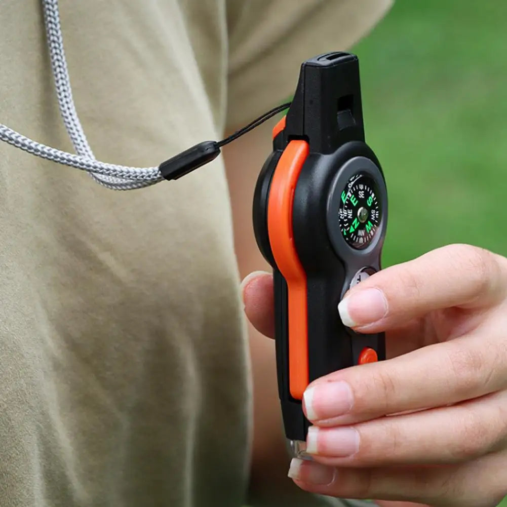 7in1 Emergency Survival Function Whistle Outdoor Multifunctional Survival Whistle with Lanyard Compass Flashlight Camping Hike ﻿