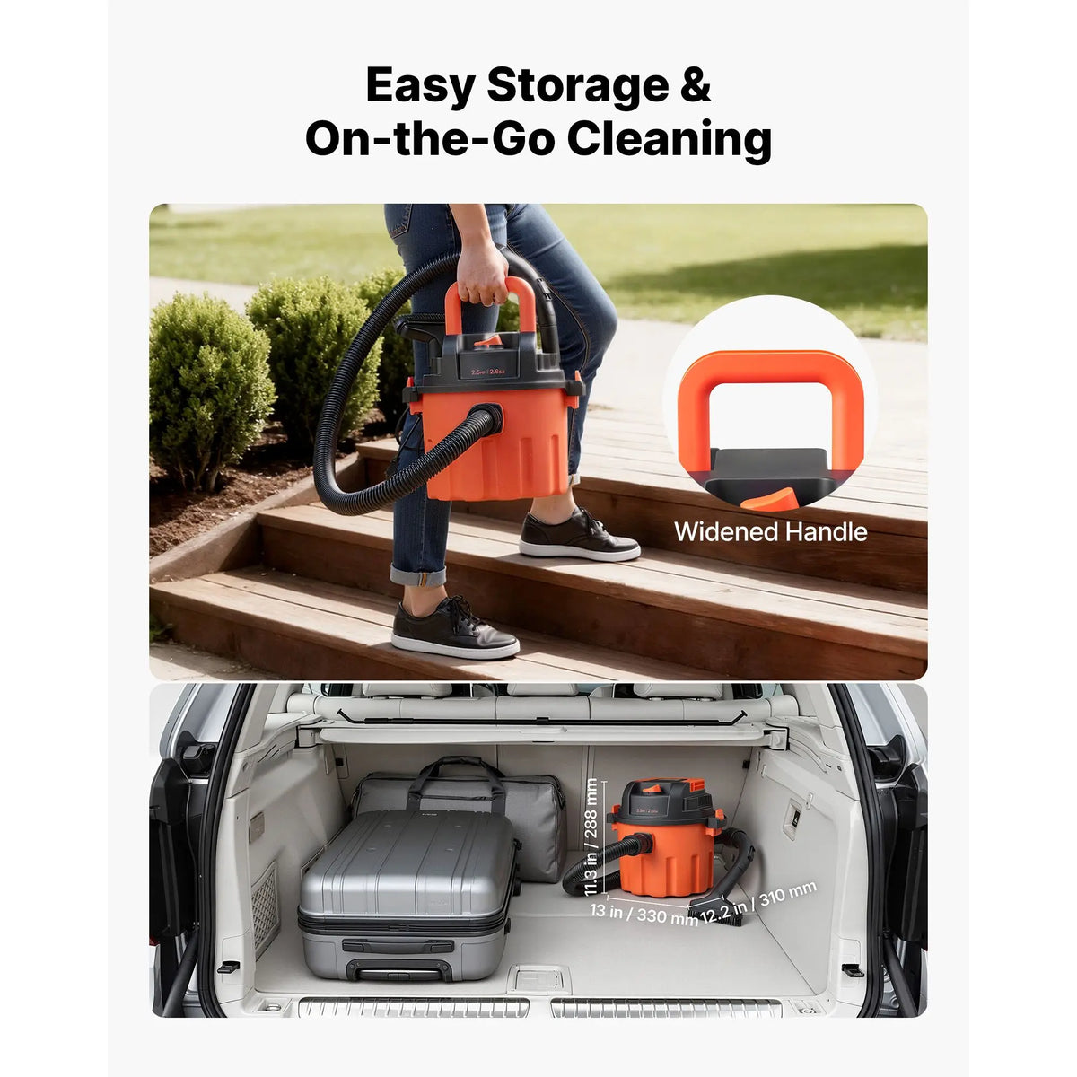 Portable 800W Input Power Shop Vac 2.6 Gallon Dry Shop Vacuum 2.5 Peak HP 1.25in Diameter X 4ft Hose Various Nozzles Washable