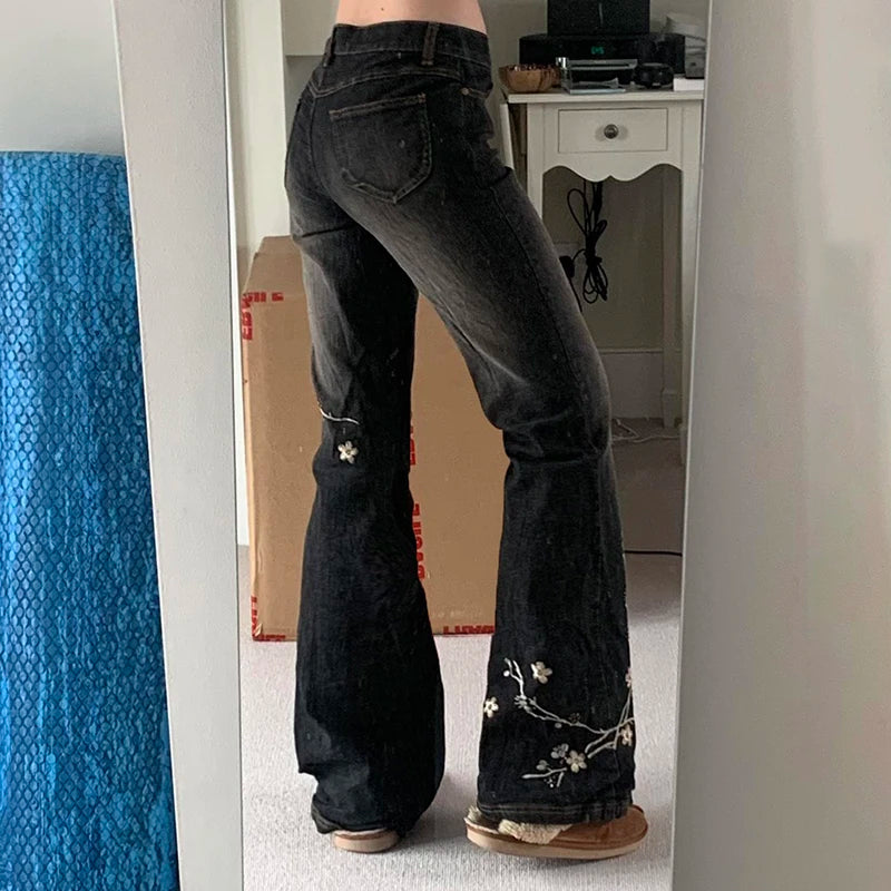 Weekeep Floral Embroidery Jeans Vintage 2000s Low Rise Flared Jeans Women Retro  Baggy Denim Pants High Street Basic Trousers