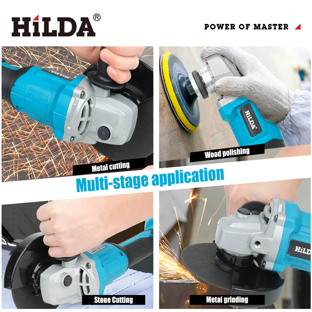 HILDA 21V Handheld Brushless Angle Grinder Cutting Rechargeable Electric Power Tool Polishing Machine Grinder for Makita Battery