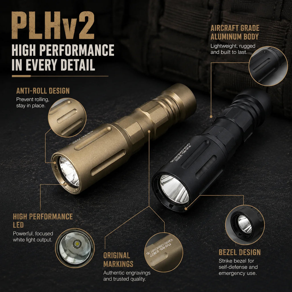 Tactical PLHv2 LED Flashlight 1350 Lumens High Output White Light CNC Aluminum Scout Outdoor Hunting Flashlight Long Short Versi