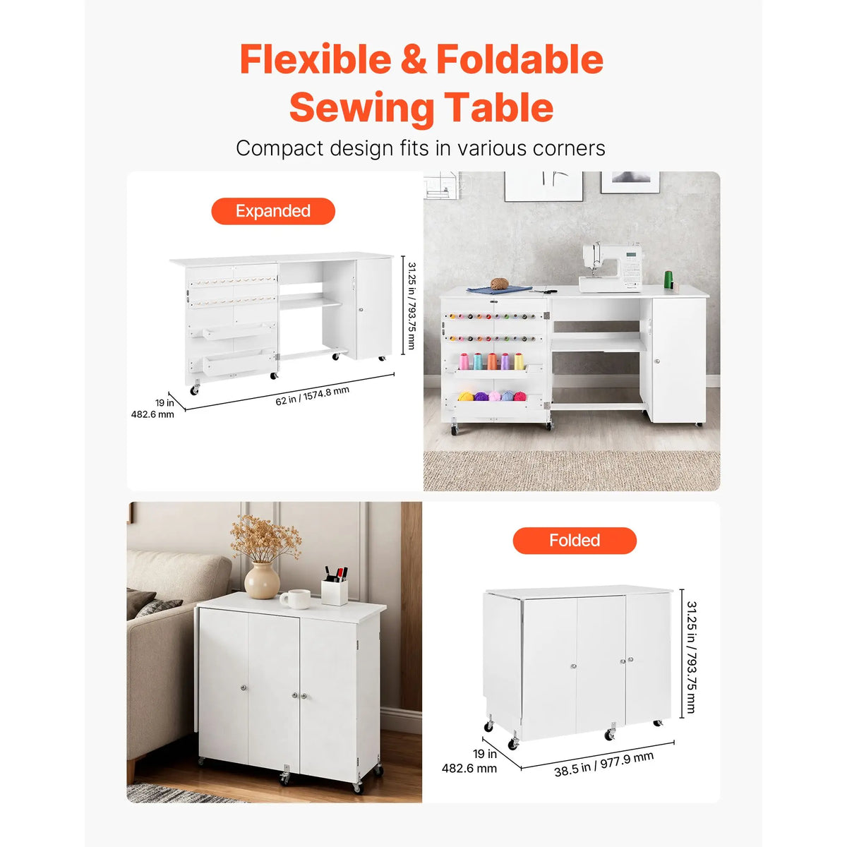 "Sewing Machine Table Cabinet with Foldable Design Compact Wheels Wooden Pegs & Storage Trays"