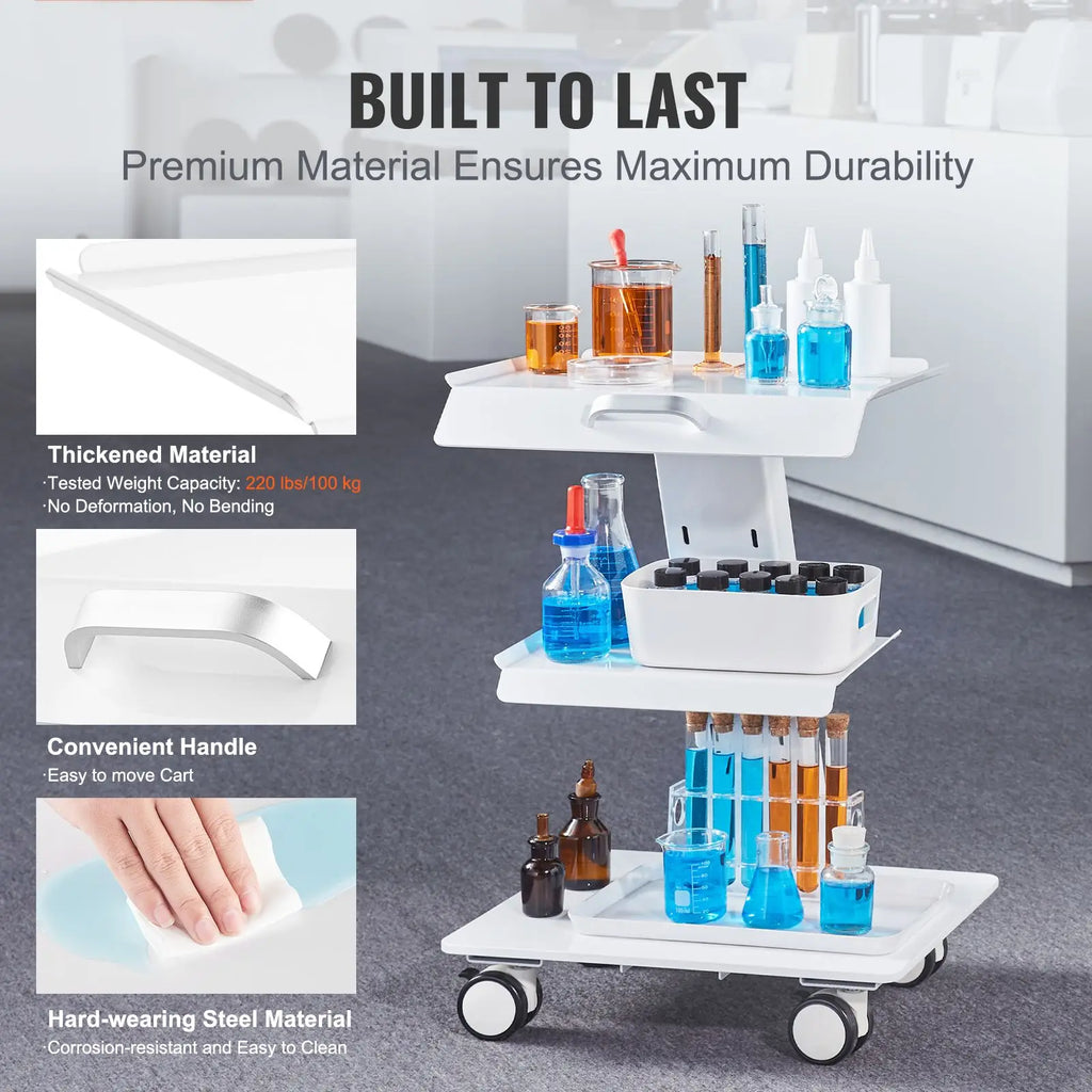 "3-Layer Metal Mobile Rolling Lab Cart with Swivel Wheels & Tray 220 Lbs Weight Capacity for Clinics & Labs"