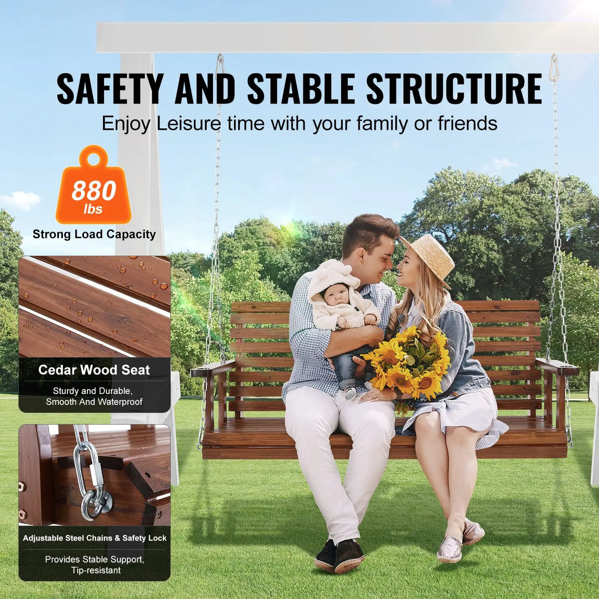 Upgraded 5 ft Wooden Porch Swing Heavy Duty Patio Bench Swing with 880 Lbs Load Capacity for Courtyard Garden for Indoor Use