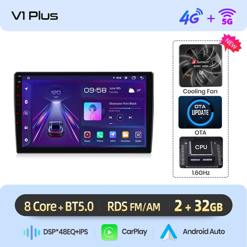 Junsun Wireless CarPlay Android Auto Car Radio For Skoda Fabia Mk2 (5J) 2007-2014 Built-in Cooling Fan Android GPS Navigation Multimedia Player WiFi DSP RDS BT SWC IPS Touch Screen Autoradio Video Player Head Unit Stereo