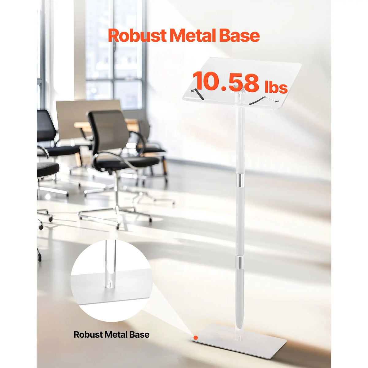 Acrylic Podium Stand 43-Inch Portable Laptop Desk with Wide Reading Surface Adjustable Angle Book Clips Theater Furniture