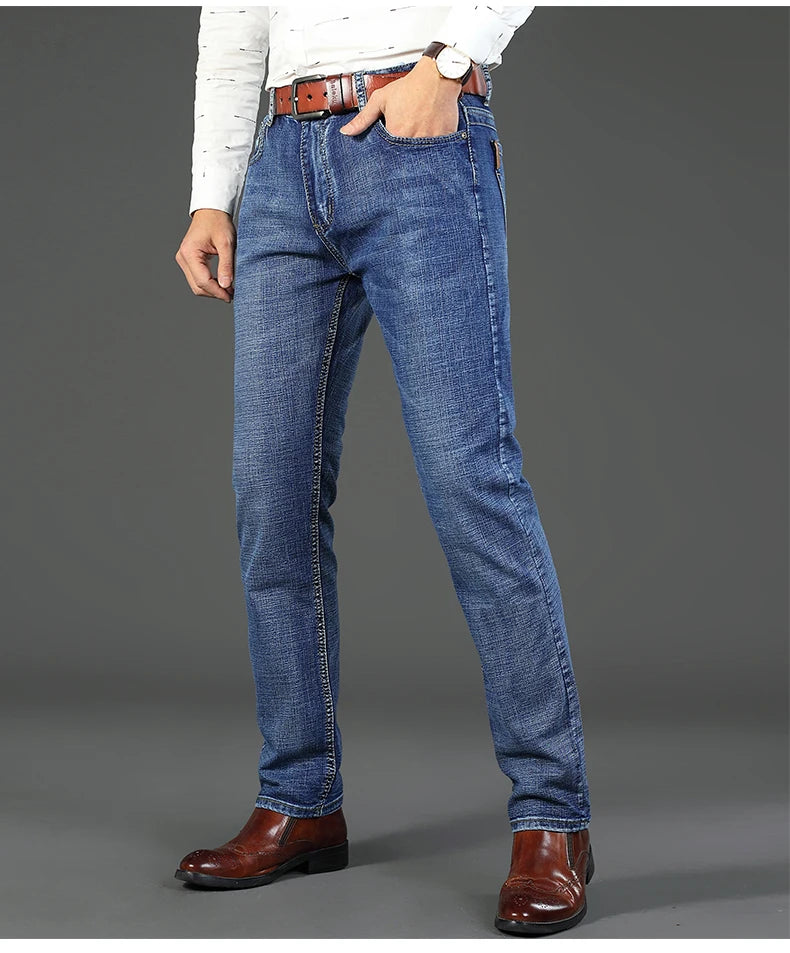 2026 New Spring Autumn Men Classic Jeans Business Fashion Straight Regular Blue Stretch Denim Trousers Men's Smart Jeans