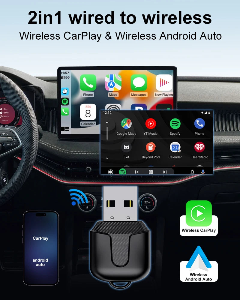 FLIXIVI CarPlay Android Auto Adapter Wired To Wireless 5GHz WiFi5.0, /type-c Plug and Play, for Original Wired CarPlay/Auto Cars